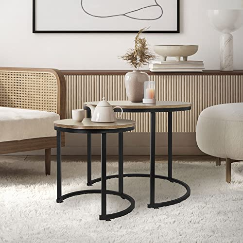 ML-Design Beistelltisch 2er Set rund Ø40x44cm/Ø60x52cm, Sonoma-Eiche MDF-Platte, Schwarze Metallrahmen, Couchtisch-Set, Satztische in 2 Größen, 2 teilig Wohnzimmertische, Sofatische Kaffeetische Set