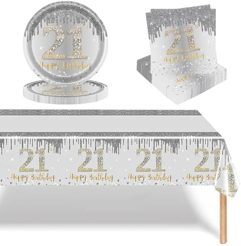 37 Pcs Silver and Gold 21st Birthday Tableware Set Decor,Paper Napkins 9 Inch Paper Plates and Table Cloth in Silver,Disposable Paper Dinnerware Decorations for Her Him 21st Birthday Gifts Party