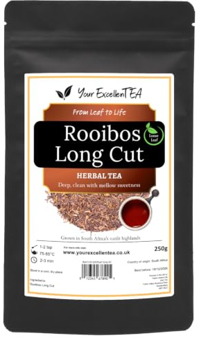 Rooibos Long Cut Loose Leaf Herbal Tea, Smooth & Mellow, 250g | Long-cut redbush creates a rounded caffeine-free cup for evening drinking, hot or iced, in a resealable pouch.