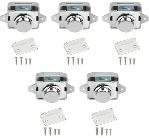 5PCS Push Button Latch Catch Drawer Replacement Keyless Door Lock Cupboard Door Motorhome Caravan Cabinet Knob Zinc Alloy Pop Up for 15-18mm Thickness Cabinet Boat Horsebox Camper Van RV Silver