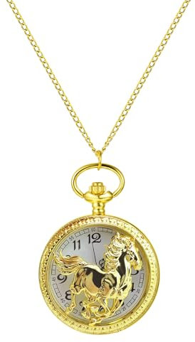 JewelryWe Taschenuhr Pferd für Herren Damen: Gold Laufendes Pferd Hohle Kettenuhr Analoge Quarz Uhr Anhänger mit Halskette Kette Geschenk für Männer Frauen