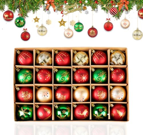 absolove 24 Pack Christmas Baubles Red Gold Green,6CM/2.36 Large Plastic Baubles Ornaments with Strings,Christmas Tree Decorations Pendants Hanging Ball for Home Party Wedding Holiday