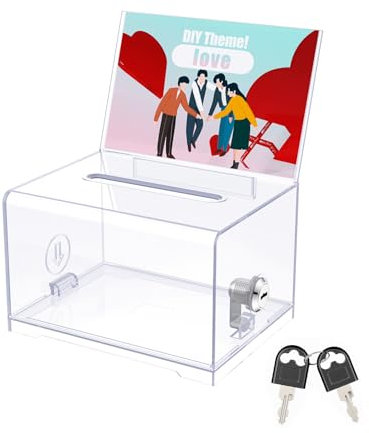 Uniclife Acrylic Donation Box with Lock and Sign Holder Clear Ballot Box with Slot Plastic Suggestion Storage Container for Fundraising Voting Charity Tip Collection, 16 x 12 x 10(cm)