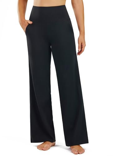 PERSIT Yoga Pants Straight Wide Leg Trousers for Women - High Waist Stretch Tummy Control Pants Yoga Trousers 31'' Suitable for Gym, Casual, Jogging, Yoga Black M