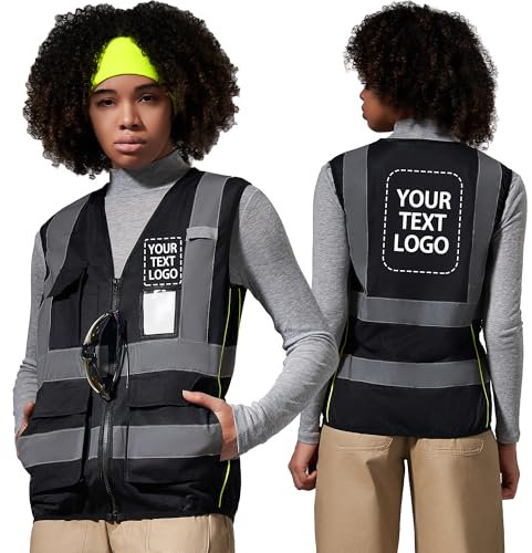 AYKRM Warnweste Damen in Schwarz - Reflektorweste Fahrrad mit mehreren Taschen, Sicherheitsweste bedruckbar, bis 5XL. Personalisiert mit Text oder Logo