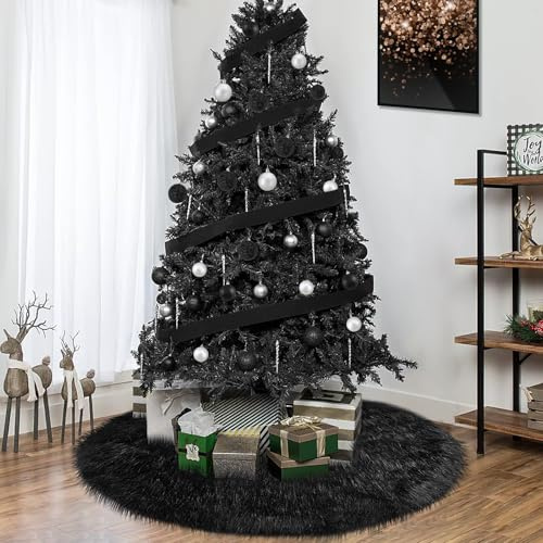 yuboo Schwarzer Pelz Halloween Weihnachtsbaum Rock, 121,9 cm großer, flauschiger pelziger Kunstfell-Baumteppich, Halloween-Weihnachtsdekorationen und Ornamente für Weihnachtsbaum,
