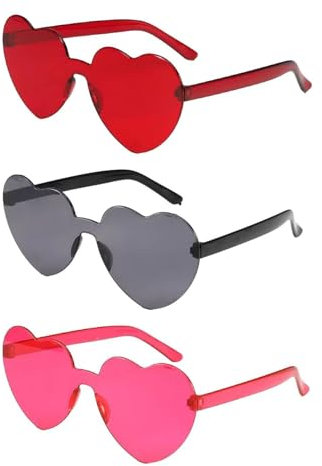 CWPFVQA 3 Stück Herzförmige Sonnenbrillen, Schwarz, Rosa, Rot - Retro Herz-Sonnenbrille