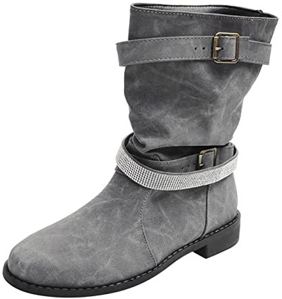 Generico Stivaletti Donna Alti Stivali Donna Alti con Tacco Stivali Medi da Donna in Pelle Tinta Unita con Strass con Fibbia per Cintura e Tacco Spesso Biker Donna Stivaletti Stivali con (Grey, 42)