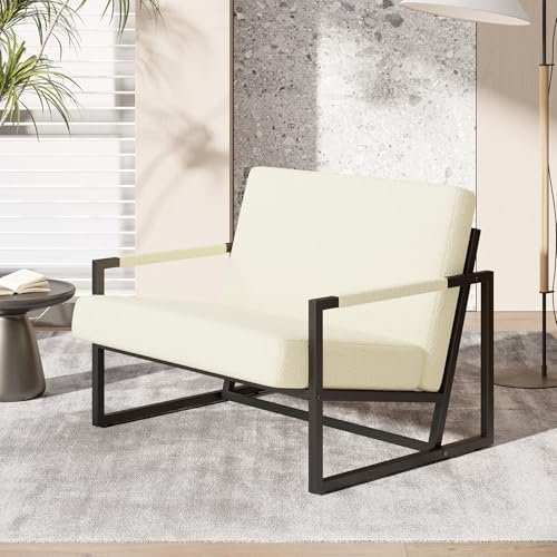 Hawthyhome Sessel Schafwolle Loungesessel aus Kunstleder Extragroß Gepolsterter Sessel mit Armlehnen Loungesessel mit Vollmetallrahmen Wohnzimmer/Schlafzimmer Beige