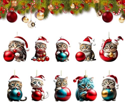 Katze Weihnachtsanhänger mit Weihnachtsmütze, 10 Stück Christbaumschmuck, Weihnachts-Autozubehör-Interieur, Kreativer Rucksack Anhänger, Weihnachtsdeko Weihnachtsbaum-Anhänger