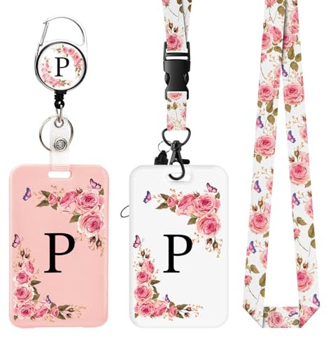2 Pack Porta Badge con Lettere A-Z, Cordino Rimovibile e Clip Retrattile, Porta badge da collo personalizzato per donne infermiere insegnanti studenti Ufficio (P)
