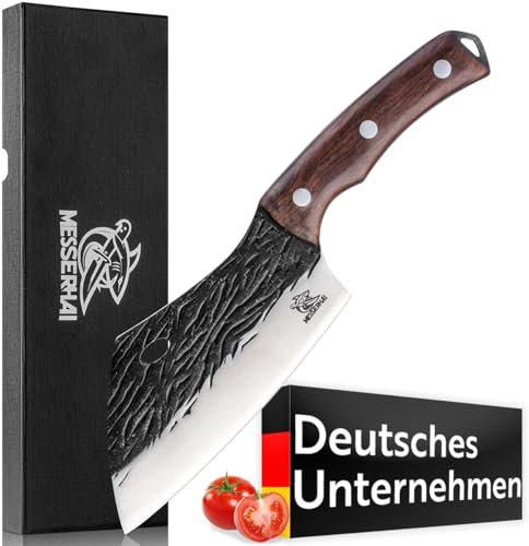 Messerhai Hackmesser Tyrfing, geschmiedetes Küchenmesser – Rustikales Edelstahl-Hackmesser mit hochwertigem Rosenholz-Griff, extrem scharf & perfekt ausbalanciert, in Geschenkbox