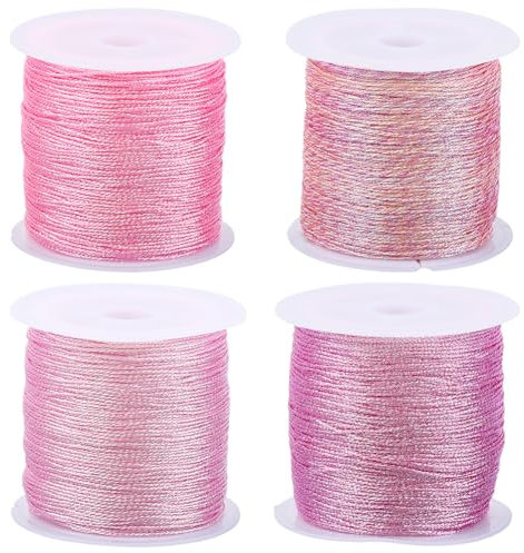 CABODYALS 4 Rouleau de 200 m de Fil Métallique en Soie Pailletée Rose Kumihimo Cordon en Nylon Tressé pour la Couture la Fabrication de Bracelets de Colliers de Macramé