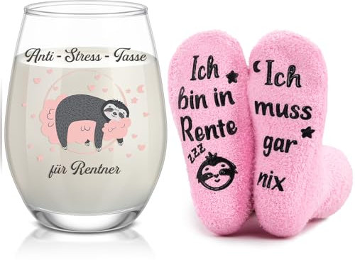 Perthlin 2 Pièces Cadeau de Retraite Comprenant 1 Pièce Verre à Vin avec Gravure et 1 Paire Chaussettes Verre à Vin avec Dicton Drôle Tasse de Retraite Cadeau d'Anniversaire pour Femme Maman