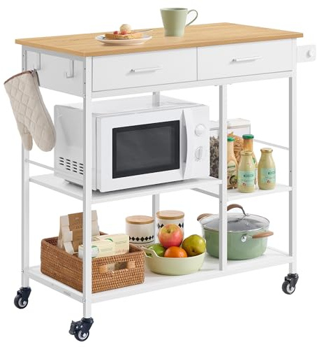 VASAGLE Carrito de Cocina con Ruedas, Isla de Cocina Móvil, 45 x 98,7 x 90 cm, con Toallero, 2 Cajones, 2 Ganchos, para Comedor, Beige Rbole y Blanco Mate KKI010Y01