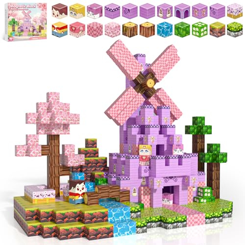 Kryzomat Magnetic Blocks 100 PCS, Magnet Blocks Pink Castle for Girls | Magnetic Building Blocks for Kids, Magnetic Cubes for Age 3 4 5 6 7 8, Magnet Construction Toy, STEM Gift for Birthday