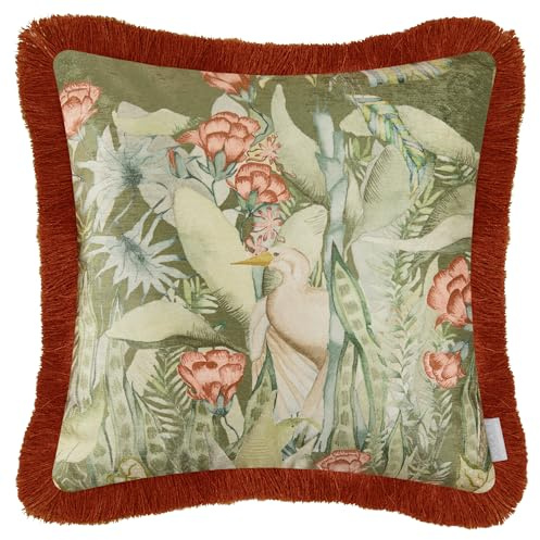 Voyage Maison Mangrove Feather Filled Cushion – Jungle Watercolour Printed Velvet Wildlife Botanical Fringed Trim Decor (Moss - 50x50cm)