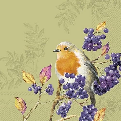 20 Servietten Herbst Rotkehlchen an Ast voller Beeren als Tischdeko. Papierservietten mit Motiv. Auch für Decoupage und Serviettentechnik 33x33cm