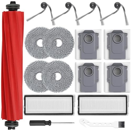Alloytool 17 Stück Zubehör für Roborock QV 35A/QV 35S Saugroboter | 1 Hauptbürste, 4 Staubbeutel, 2 Filter, 4 Wischpads, 4 Seitenbürsten, 1 weiße Hakenbürste und 1 Schraubendreher