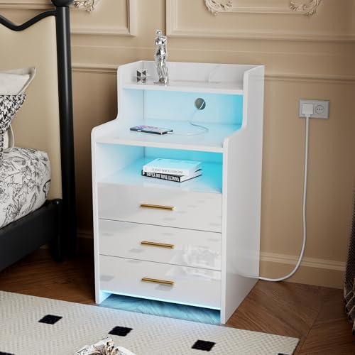 ChromaCasa White bedside table, nightstand with LED light, with charging station, side table with 3 drawers and 2 shelves, suitable for bedroom and living room