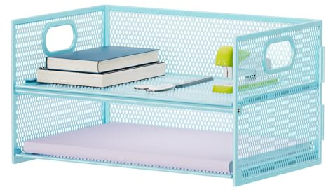 Marbrasse 2 Tier Mesh Desk File Organiser,Paper Letter Tray Organiser with Handle, Metal A4 Paper Tray,Magazine Document Desk Organizer Holder for Home Office School (Blue)