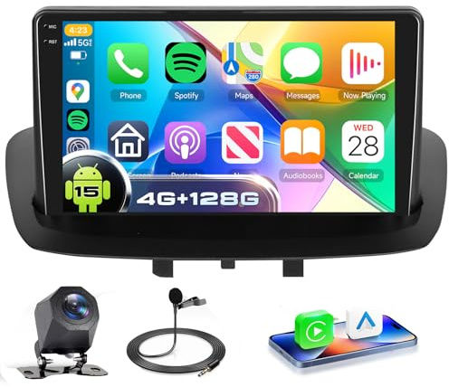 VECHTEL 4G+128G Autoradio Android 15 per Renault Megane III 2009-2014, 9'' In-Cell HD Schermo Tactile co Carplay Android Auto senza Fili, Stereo Auto co GPS WiFi USB Bluetooth Radio FM RDS Retrocamera