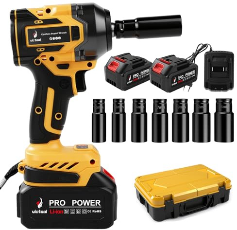 Victool Avvitatore elettrico a percussione a batteria, 650 Nm, 21 V, con 7 bussole e 2 batterie da 4,0 Ah, per vite e dado, auto, camion, pneumatici di rimozione
