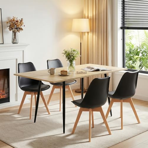 FURNITABLE Esstisch mit 4 Essstühlen,Rechteckig Ausziehbar Esszimmertisch und Stühle Sitzgruppe für Wohnzimmer Küche, Büro,160 * 80 * 75cm (Eiche Tisch+4 Schwarz Stühle)
