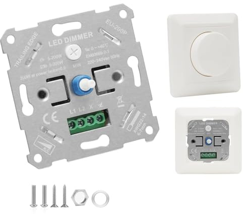 Dimmer Schalter LED 230V Dimmschalter mit Drehknopf, Universeller Dimmer für Dimmbare LED-Lampen 5-200W, Unterputz Lichtschalter Dimmbar Drehdimmer Blende Weiß, für Schlafzimmer Wohnzimmer (B)