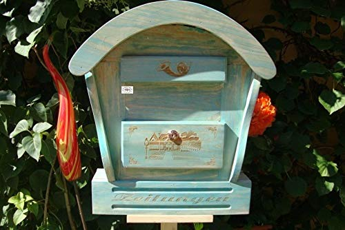 Schöner großer HBK-RD-TÜRKIS Briefkasten mit Holz - Deko in türkis Antik Look blaugrau für Holzhaus Briefkästen Holzbriefkästen Postkasten Runddach mit echt Holzschindel ausgefallen mit Holzdach für