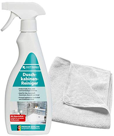 HOTREGA Duschkabinen Reiniger 500 ml Sprühflasche SET + Microfasertuch 40 x 40 cm