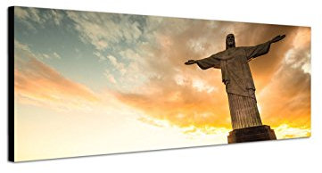 Wandbild auf Leinwand als Panorama in 120x40cm Rio De Janeiro Statue Sonnenuntergang