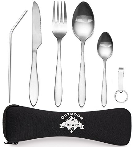 OUTDOOR FREAKZ Cubiertos para cámping - Vajilla de exteriores de acero inoxidable con bolsa de neopreno (negro +)