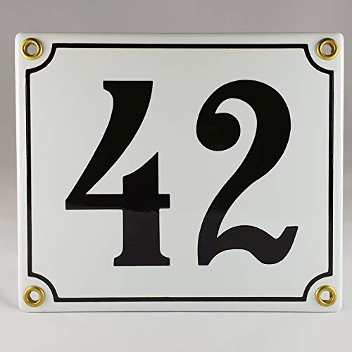 Emaille Schild Hausnummer 42 Schwarz-Weiß Handarbeit