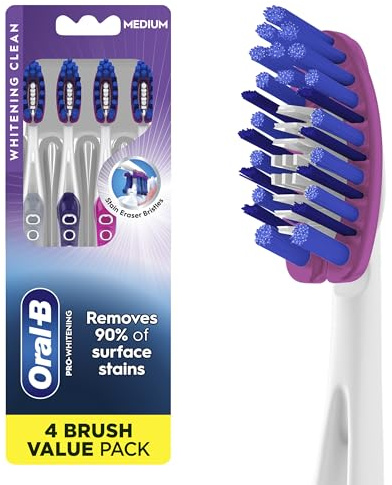 Oral-B 3D White Deep Stain Remover toothbrushes, 4 Count Toothbrush Medium, Removes 90% of Surface Stains, whitens Teeth, deep Reach, removes Plaque and Stains Tooth Brush
