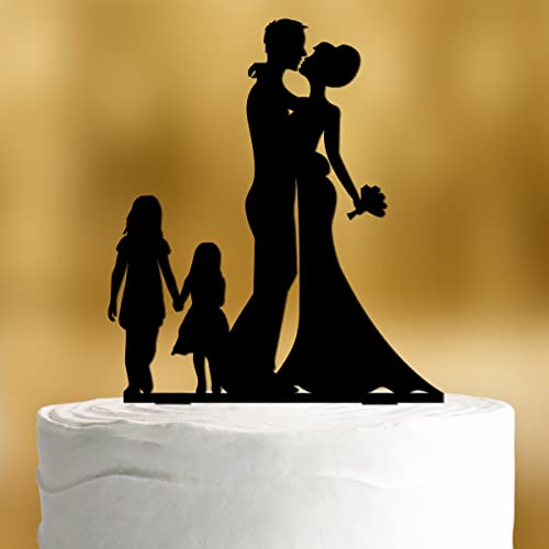 Cake Topper Brautpaar mit Kindern Mädchen [großes und kleines Mädchen] - Acryl schwarz Hochzeitstorte deko Kuchendeko Hochzeit Tortendekoration Verlobung Tortendeko