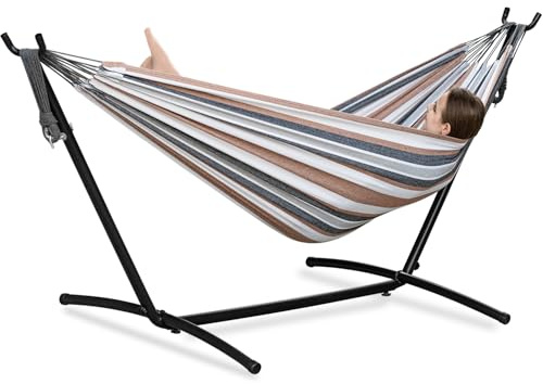 PNAEUT Doppel-Hängematten mit Ständer für draußen, tragbar, platzsparend, robuster Stahlständer für drinnen und draußen, Terrasse, mit Tragetasche, 204 kg Kapazität (Kaffee)
