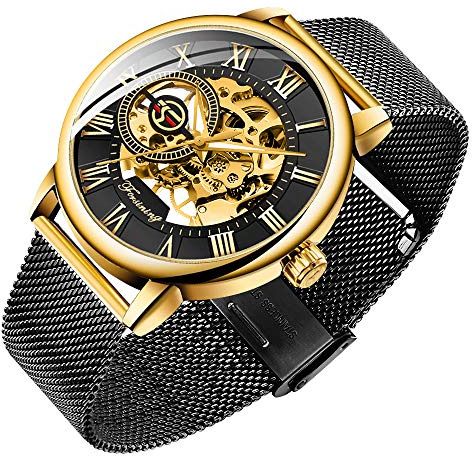 Tiong Herren Skelett Uhr Römische Ziffer Steampunk Mechanische Uhr Handaufzug Männer Skelettt Armbanduhren