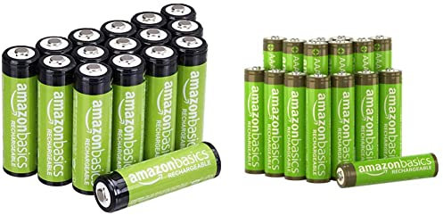 Amazon Basics AA-Batterien, wiederaufladbar, vorgeladen, 16 Stück (Aussehen kann variieren) & AAA-Batterien, 800 mAh, wiederaufladbar, 16 Stück