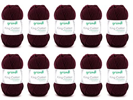 Gründl Wolle King Cotton - dicke Wolle zum Stricken - Strickgarn - Häkelgarn - weich und hautfreundlich - 55 % Polyacryl, 45 % Baumwolle - 10 Knäuel 50 g / 78 m - Nadelstärke 6-7 - burgundy
