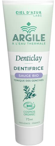 CIEL D'AZUR LABS - Denticlay Argile - Dentifrice Bio à l'Argile Blanche et à l'Eau Thermale de Digne les Bains - Certifié Bio Cosmos Organic - Tube 75ml - Sauge