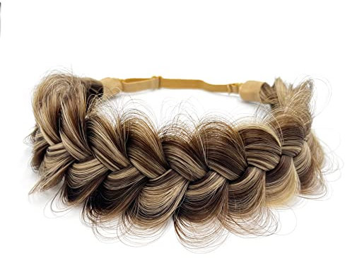 TOECWEGR Extensions Haarband Haarreifen Zopf Geflochten Classic Chunky Wide Plaited Wedding Fluffy Braids Wig Women Girl Beauty Accessory (Braunes und schwarzes Highlight)