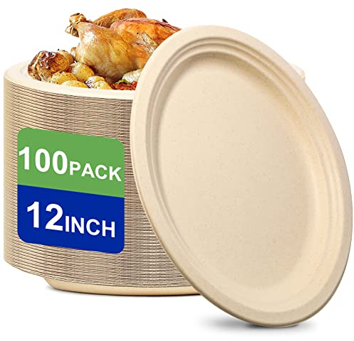 EcoAvance 12 inch Large Paper Plates, 100 Pack Oval Paper Plates, 100% Compostable Recycled Paper Plates, Eco Friendly Disposable Plates, Brown Paper Plates Heavy Duty, Paper Dinner Plates
