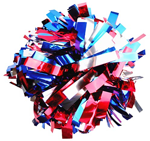 GUIFIER 2 Stück Pom Poms Cheerleading 15,2 cm Metallic Cheerleader Pom Poms mit Taktstock Griff, Pompons Cheer Pom Pom für Cheering Squad (Rot/Königsblau/Silber)