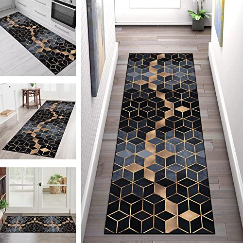 Teppich Läufer Lang Flur Küche Schwarz Gold Grau Teppichmatte Geometrisch 50X200CM Teppichläufer Küchenläufer Rutschfest Waschbar Tepiche für Korridor Wohnzimmer Schlafzimmer Esszimmer Küchenteppich