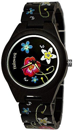 Holzwerk Germany Handgefertigte Designer Damen-Uhr Öko Natur Holz-Uhr Armband-Uhr Analog Klassisch Quarz-Uhr mit Sonnenblumen Blumen Blümchen Rosen Motiv Schwarz Braun Limitiert