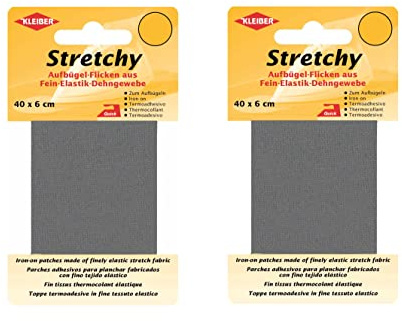 Bügel Flicken Aufbügelflicken Marke Kleiber Stretchy 100% Polyester 2er Set Reparatur Flicken für Stretchstoffe 2 Flicken a 40cm x 6 cm Dehnbar Grau