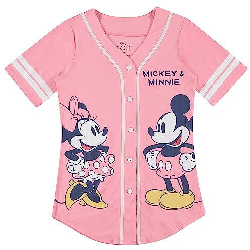 Disney Damen Mickey Mouse Fashion Shirt – Mickey & Minnie Mouse Baseball Jersey Mickey Mouse Button Down Baseball Jersey, Helles Pink, X-Groß