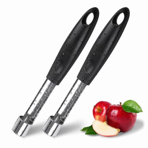 Descorazonador de manzana, removedor de núcleo de frutas y verduras, herramienta de cocina profesional de acero inoxidable saludable para Fuji, peras, pimientos morrones, 2 unidades, color negro