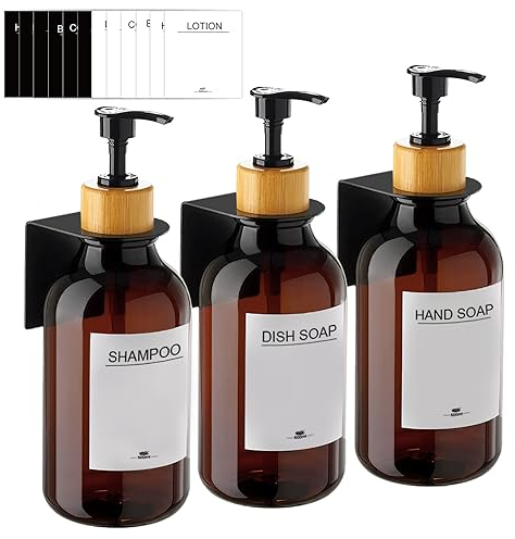 RISAKOGO Seifenspender Wandbefestigung Ohne Bohren,3er Set 500ml Seifenspender Wand Braun Schampoospender Dusche Spülmittelspender Shampoo Spender für Küche Bad